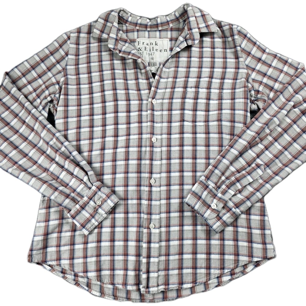 Frank & Eileen Barry Womens M Plaid Button Up‎ Shirt Gray Blue Preppy Tailored